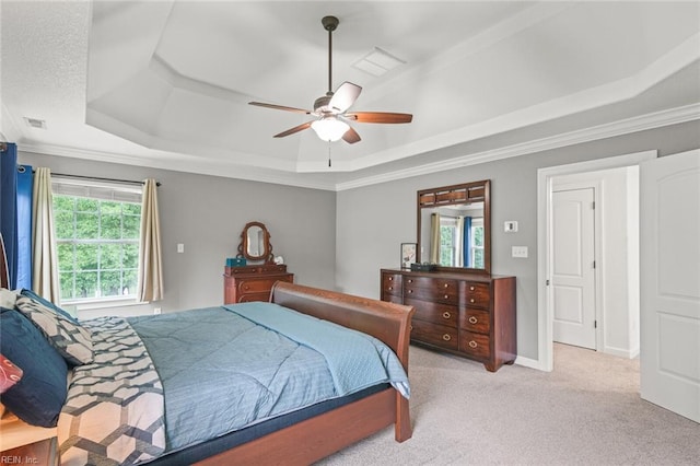 308 Queen Ct, Smithfield, VA 23430 - bedroom featuring a tray ceiling, light carpet, crown molding, and ceiling fan