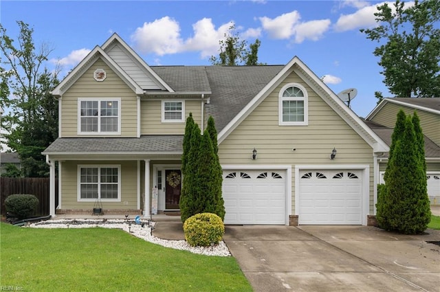 2559 Golden Maple Dr, Suffolk, VA 23434 - traditional-style home featuring concrete driveway, a shingled roof, and a porch