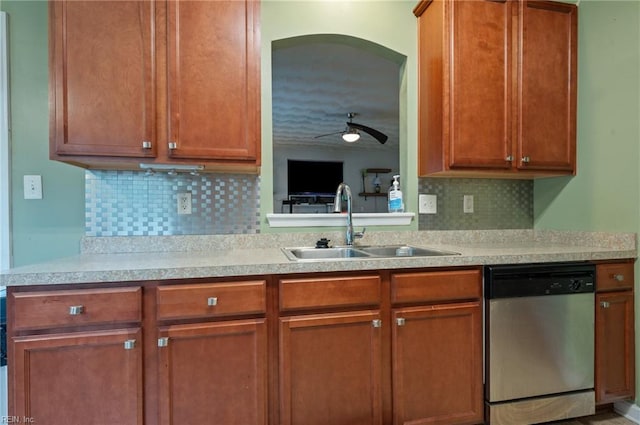 2559 Golden Maple Dr, Suffolk, VA 23434 - kitchen featuring dishwasher, light countertops, a ceiling fan, backsplash, and brown cabinets