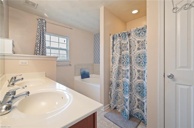 2559 Golden Maple Dr, Suffolk, VA 23434 - bathroom with double vanity, tile patterned flooring, a bath, and curtained shower