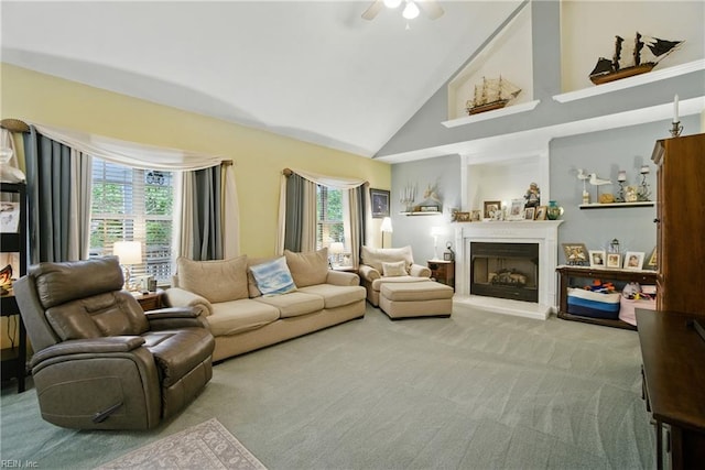 3644 Brannon Dr, Virginia Beach, VA 23456 - living room featuring carpet, high vaulted ceiling, a fireplace with raised hearth, and a ceiling fan