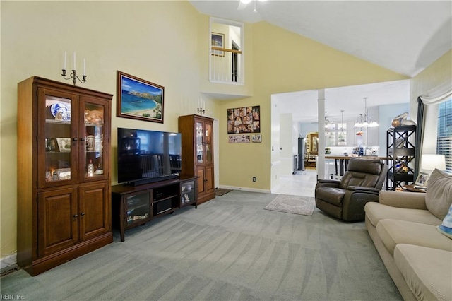 3644 Brannon Dr, Virginia Beach, VA 23456 - living area with a chandelier, light carpet, and high vaulted ceiling