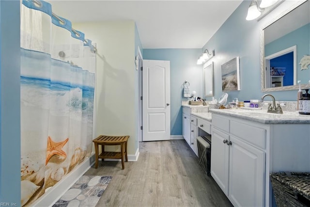 3644 Brannon Dr, Virginia Beach, VA 23456 - bathroom featuring wood finished floors, double vanity, and curtained shower