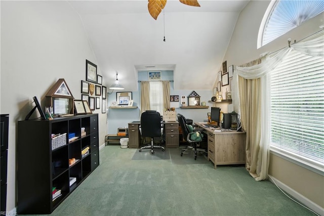 3644 Brannon Dr, Virginia Beach, VA 23456 - carpeted home office with vaulted ceiling and a ceiling fan