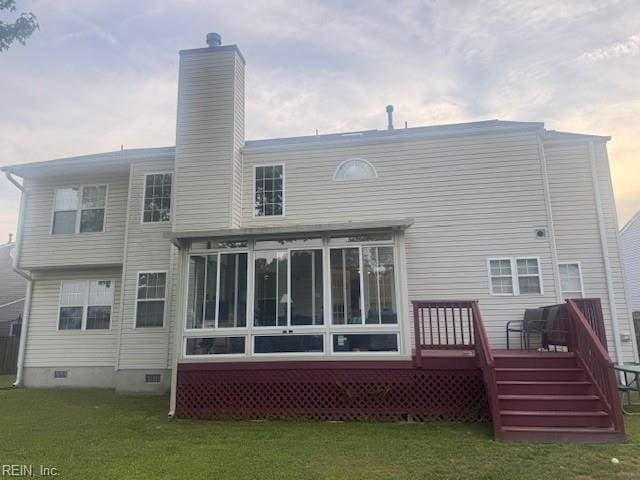 203 Lentz Pl, Newport News, VA 23602 - rear view of house with crawl space, a sunroom, a chimney, a lawn, and a deck