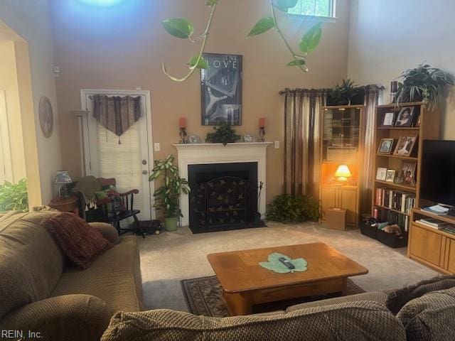 203 Lentz Pl, Newport News, VA 23602 - carpeted living room featuring a fireplace with flush hearth and a high ceiling