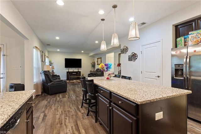 180 Avon Rd, Hampton, VA 23666 - kitchen with stainless steel appliances, dark wood-style floors, dark brown cabinetry, recessed lighting, and open floor plan