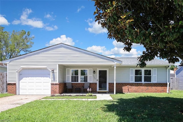 1256 Etworth Ln, Virginia Beach, VA 23464 - ranch-style house featuring brick siding, a garage, concrete driveway, and covered porch