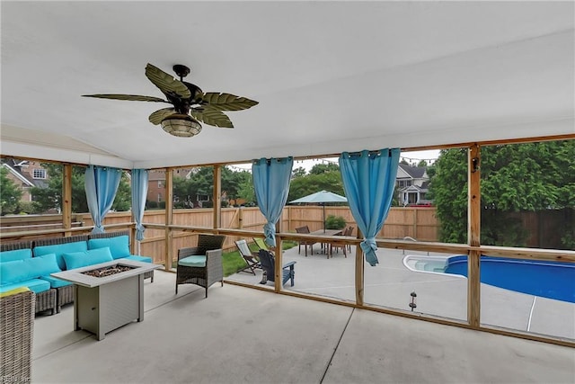 2409 Edenton Ct, Virginia Beach, VA 23456 - swimming pool with a fenced backyard, a patio, ceiling fan, and an outdoor living space with a fire pit