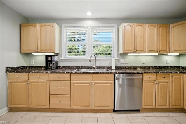 1505 Hawthorne Dr, Chesapeake, VA 23325 - kitchen featuring stainless steel dishwasher, light brown cabinetry, recessed lighting, dark stone counters, and light tile patterned floors