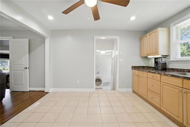 1505 Hawthorne Dr, Chesapeake, VA 23325 - kitchen with washer / dryer, light brown cabinetry, a ceiling fan, and recessed lighting