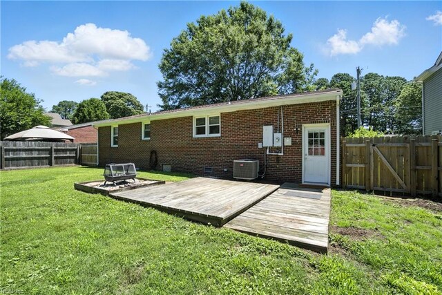 1505 Hawthorne Dr, Chesapeake, VA 23325 - rear view of house with a wooden deck, a fenced backyard, brick siding, a gate, and crawl space