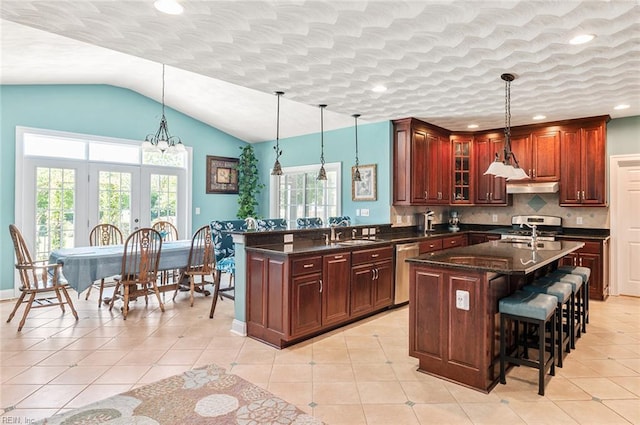 3033 N James Dr, Suffolk, VA 23435 - kitchen with under cabinet range hood, stainless steel appliances, lofted ceiling, a peninsula, and a breakfast bar area