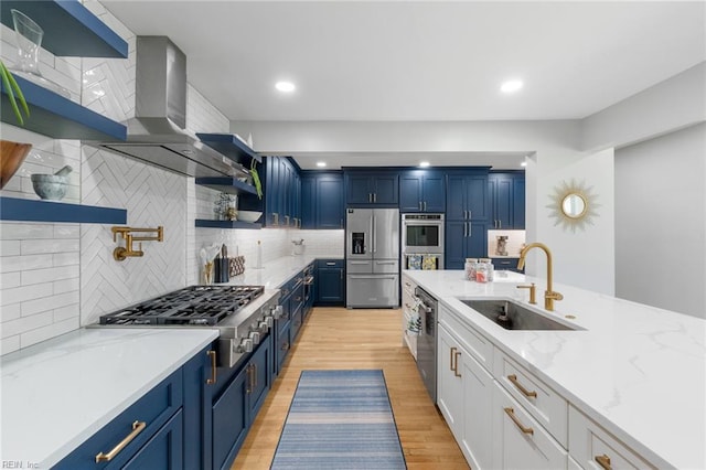 6070 Newport Pt, Norfolk, VA 23505 - kitchen featuring appliances with stainless steel finishes, open shelves, blue cabinetry, ventilation hood, and recessed lighting