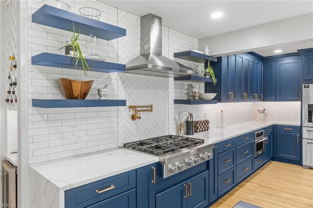 6070 Newport Pt, Norfolk, VA 23505 - kitchen with open shelves, tasteful backsplash, stainless steel appliances, and wall chimney range hood