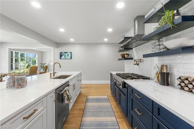 6070 Newport Pt, Norfolk, VA 23505 - kitchen featuring appliances with stainless steel finishes, open shelves, backsplash, recessed lighting, and light stone counters