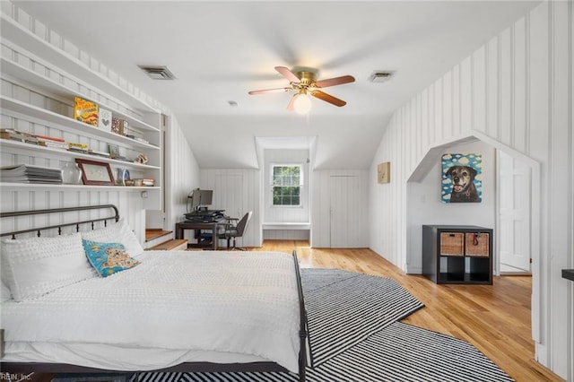 6070 Newport Pt, Norfolk, VA 23505 - bedroom with light wood finished floors, an office area, vaulted ceiling, and a ceiling fan