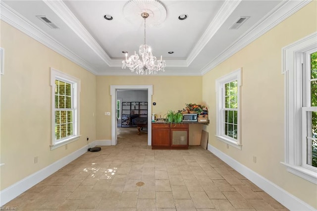 6070 Newport Pt, Norfolk, VA 23505 - dining space featuring a chandelier, crown molding, a raised ceiling, and light tile patterned floors