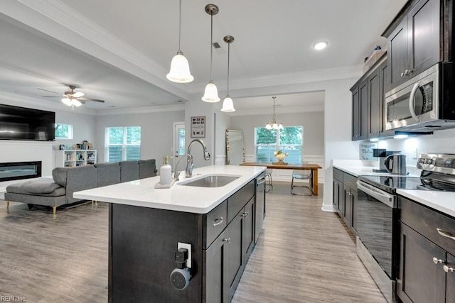 1332 Fishermans Rd, Norfolk, VA 23503 - kitchen featuring stainless steel appliances, light countertops, crown molding, a ceiling fan, and light wood-style floors