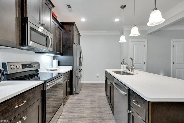 1332 Fishermans Rd, Norfolk, VA 23503 - kitchen with appliances with stainless steel finishes, ornamental molding, light wood finished floors, dark brown cabinetry, and an island with sink
