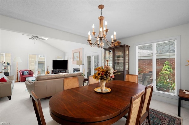 213 81st St Unit A, Virginia Beach, VA 23451 - dining space featuring light carpet, a chandelier, lofted ceiling, and ceiling fan