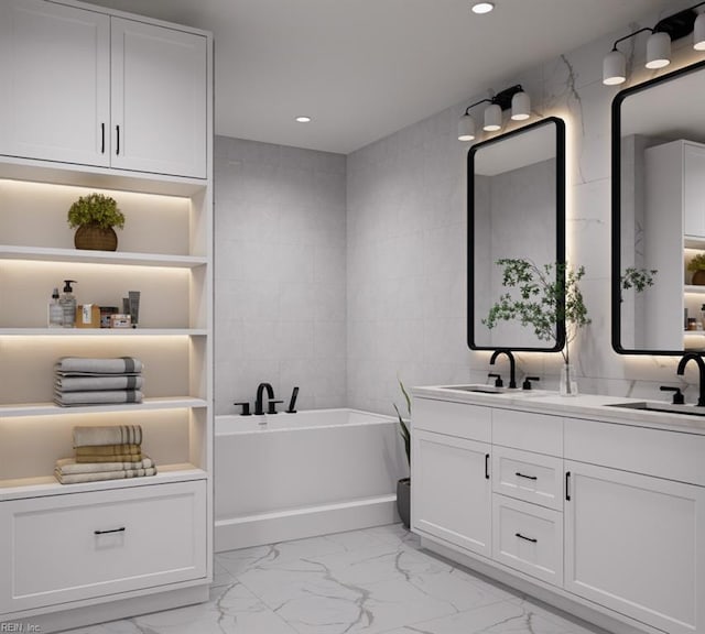 0 Kings Point Ave, Smithfield, VA 23430 - bathroom featuring marble finish floors, a garden tub, double vanity, and recessed lighting