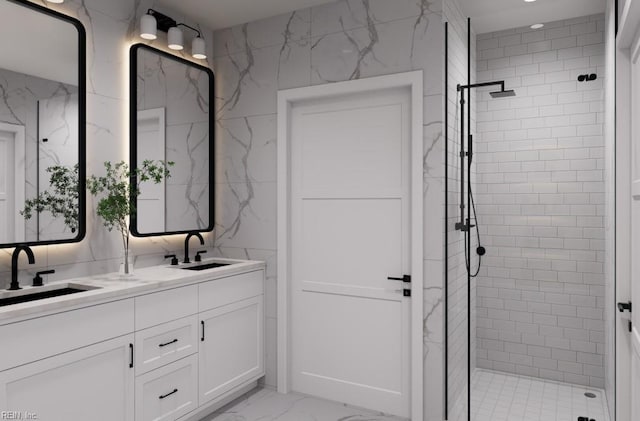 0 Kings Point Ave, Smithfield, VA 23430 - bathroom featuring marble finish flooring, double vanity, and a stall shower