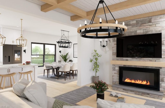 0 Kings Point Ave, Smithfield, VA 23430 - living room featuring beam ceiling, a fireplace, wood finished floors, and a chandelier