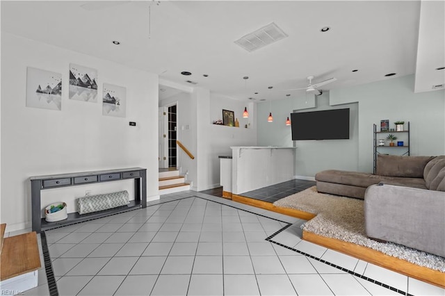 2320 Early St, Norfolk, VA 23513 - living area featuring a ceiling fan, stairs, recessed lighting, and tile patterned flooring