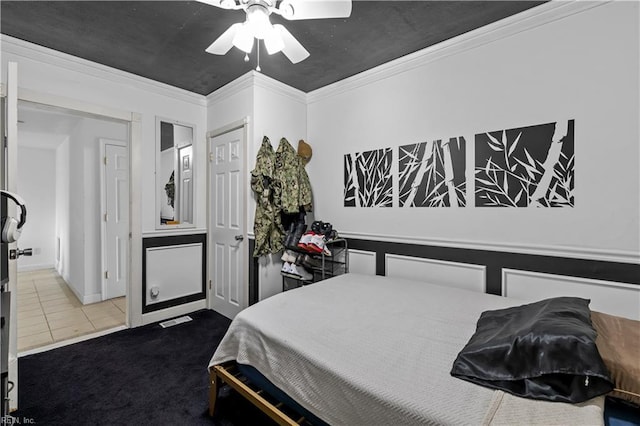 2320 Early St, Norfolk, VA 23513 - carpeted bedroom with crown molding, tile patterned floors, and a ceiling fan