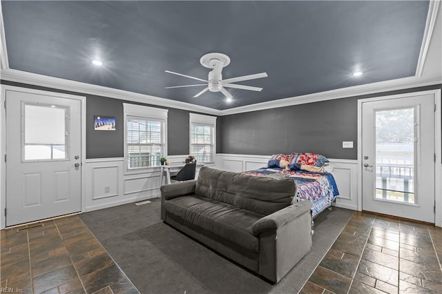 2320 Early St, Norfolk, VA 23513 - bedroom with stone tile flooring, ornamental molding, recessed lighting, a wainscoted wall, and a ceiling fan