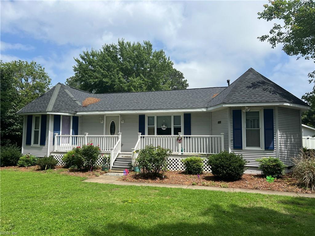 108 Rens Rd, Poquoson, VA 23662 - single story home featuring a porch, a front lawn, and a shingled roof