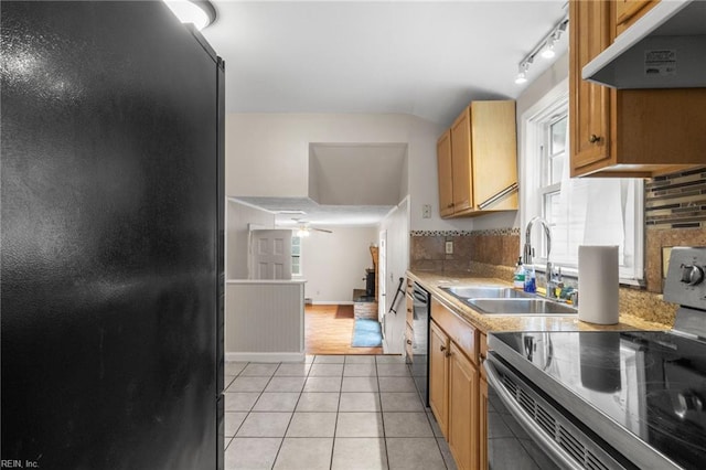 127 Robinson Dr, Newport News, VA 23601 - kitchen featuring electric stove, freestanding refrigerator, under cabinet range hood, dishwasher, and decorative backsplash