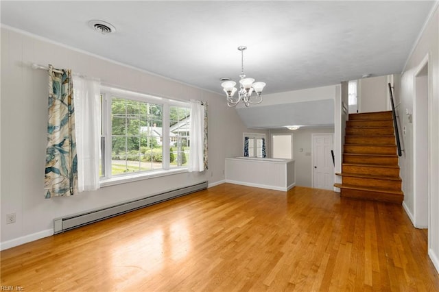 127 Robinson Dr, Newport News, VA 23601 - unfurnished living room with baseboard heating, light wood-style floors, a chandelier, stairway, and crown molding