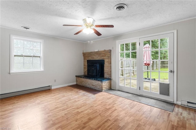 127 Robinson Dr, Newport News, VA 23601 - unfurnished living room with a baseboard radiator, wood finished floors, ceiling fan, a textured ceiling, and ornamental molding