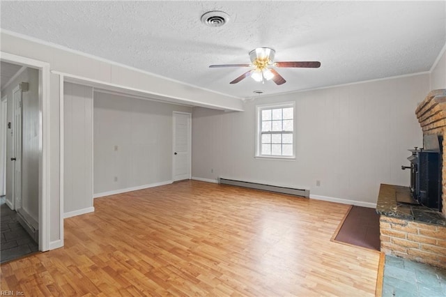 127 Robinson Dr, Newport News, VA 23601 - unfurnished living room with baseboard heating, ornamental molding, light wood-style floors, a ceiling fan, and a textured ceiling