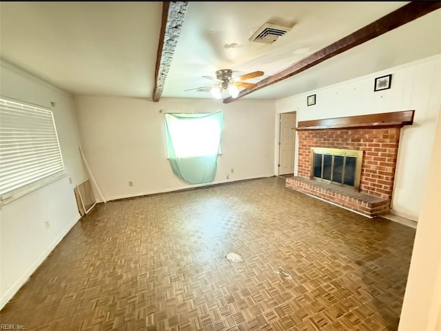 5309 S Palmyra Dr, Virginia Beach, VA 23462 - unfurnished living room featuring a ceiling fan, a fireplace, and beamed ceiling