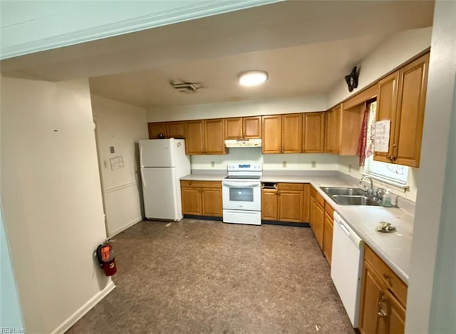 5309 S Palmyra Dr, Virginia Beach, VA 23462 - kitchen featuring white appliances, under cabinet range hood, light countertops, and brown cabinetry