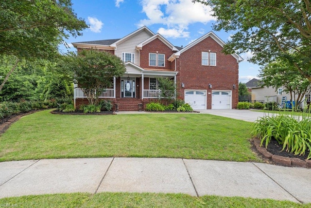 205 Napoli Ct, Chesapeake, VA 23322 - view of front of property with brick siding, covered porch, concrete driveway, a front yard, and a garage