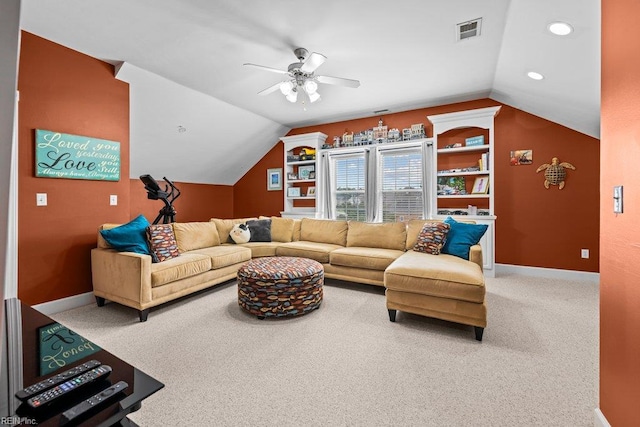 205 Napoli Ct, Chesapeake, VA 23322 - living area with vaulted ceiling, a ceiling fan, carpet, and recessed lighting
