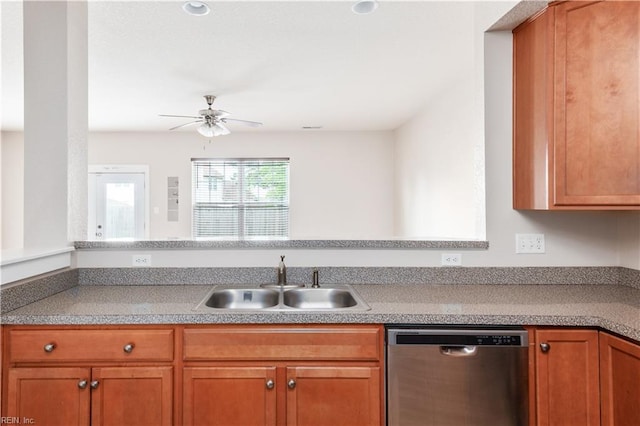 222 Craftsman Cir, Suffolk, VA 23434 - kitchen featuring stainless steel dishwasher, a ceiling fan, brown cabinetry, and light countertops
