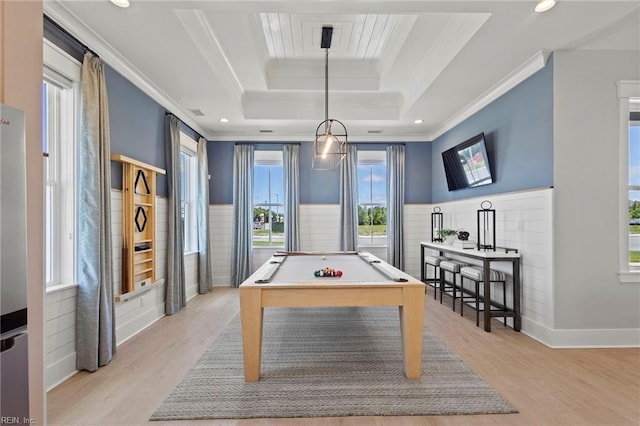 2013 Munro Ln, Chesapeake, VA 23322 - game room with crown molding, pool table, a tray ceiling, healthy amount of natural light, and wainscoting
