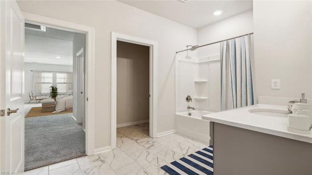 2017 Munro Ln, Chesapeake, VA 23322 - ensuite bathroom featuring marble look tiles, shower / bath combo, vanity, and recessed lighting