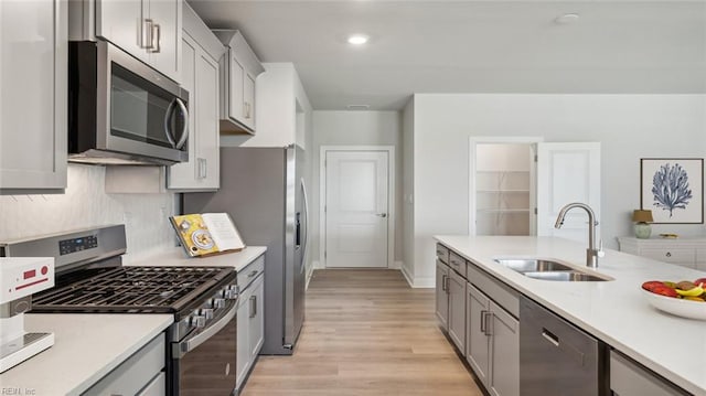 2017 Munro Ln, Chesapeake, VA 23322 - kitchen featuring appliances with stainless steel finishes, light countertops, light wood-style floors, and gray cabinets