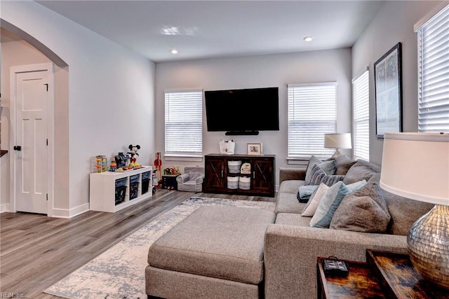 134 Fishermans Way, Poquoson, VA 23662 - living room with arched walkways, wood finished floors, healthy amount of natural light, and recessed lighting