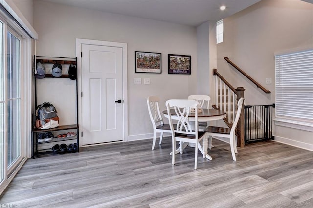 134 Fishermans Way, Poquoson, VA 23662 - dining space featuring light wood-type flooring, stairs, and recessed lighting