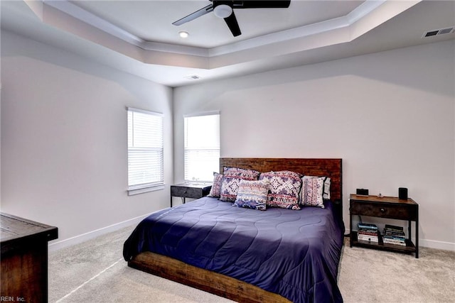 134 Fishermans Way, Poquoson, VA 23662 - carpeted bedroom featuring a tray ceiling, a ceiling fan, crown molding, and recessed lighting