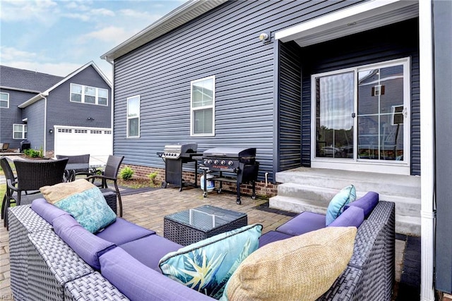 134 Fishermans Way, Poquoson, VA 23662 - view of patio with outdoor lounge area, area for grilling, and a garage
