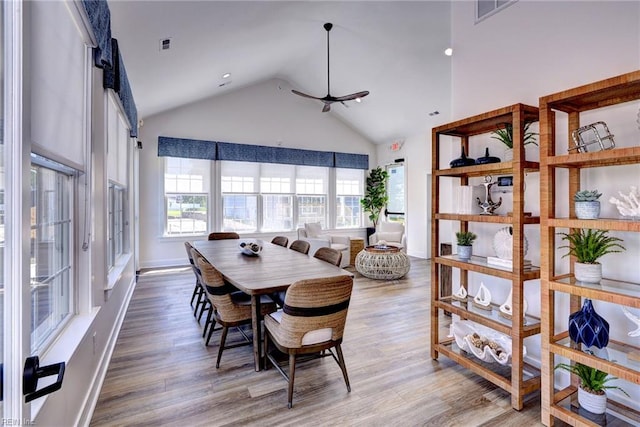 134 Fishermans Way, Poquoson, VA 23662 - dining space featuring healthy amount of natural light, high vaulted ceiling, wood finished floors, and ceiling fan