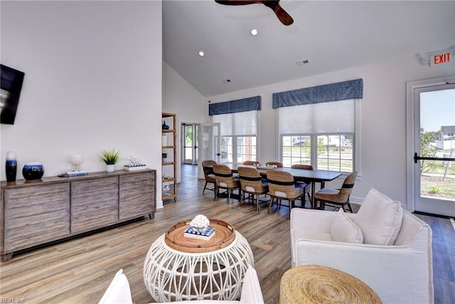 134 Fishermans Way, Poquoson, VA 23662 - living area with healthy amount of natural light, high vaulted ceiling, a ceiling fan, wood finished floors, and recessed lighting